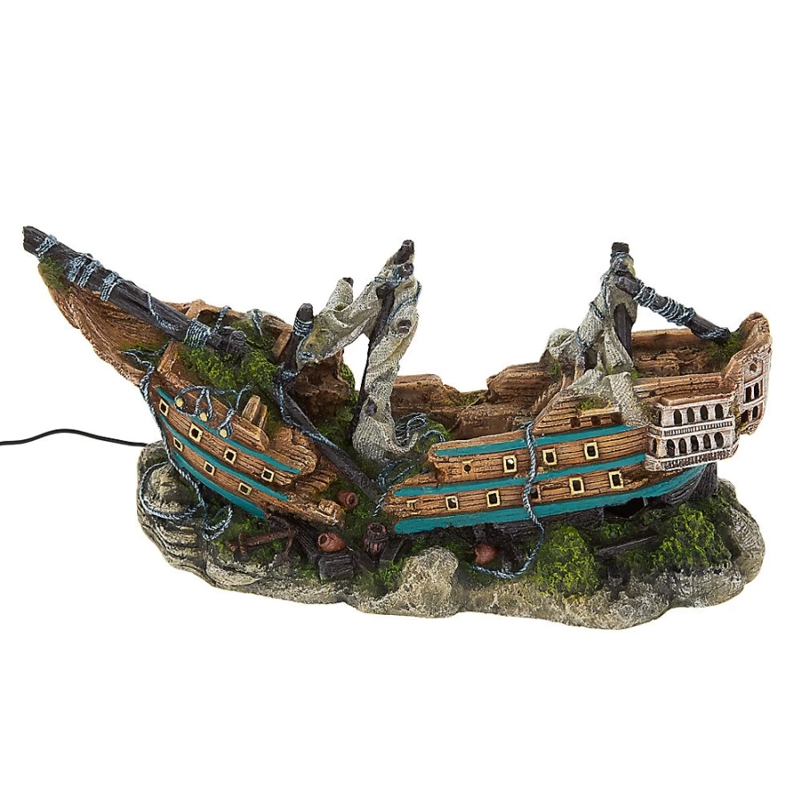 PetSmart Top Fin LED Ship Bubbler Aquarium Decor with Lighted Bubble Effects