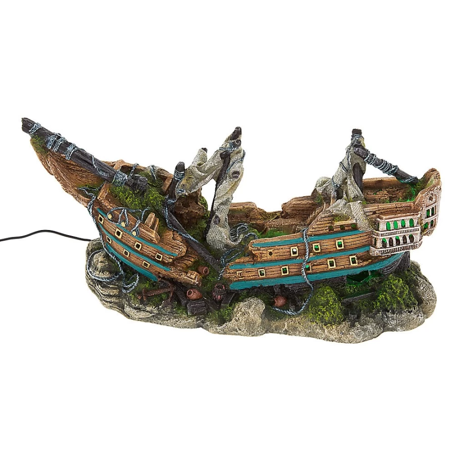 PetSmart Top Fin LED Ship Bubbler Aquarium Decor with Lighted Bubble Effects