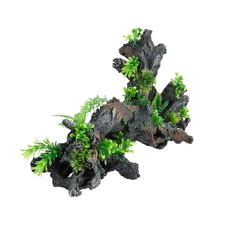 PetSmart Top Fin Grey Wood Aquarium Decor with Artificial Plants for Fish Tank