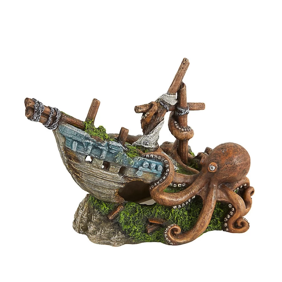 PetSmart Top Fin Pirate Ship Aquarium Decoration with Octopus for Fish Tank